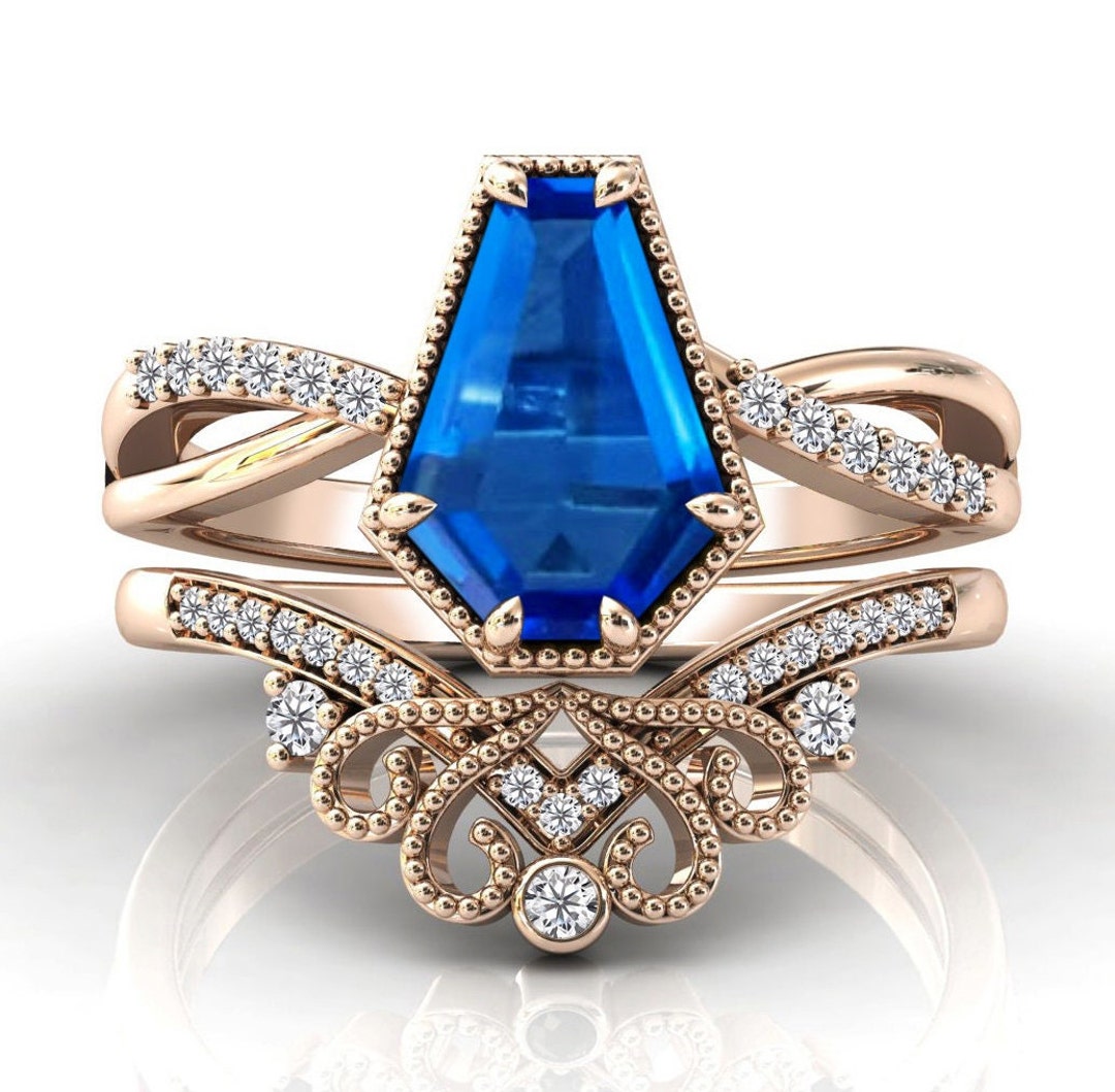 Antique Blue Sapphire Engagement Ring Set Coffin Shaped Bridal Ring Set