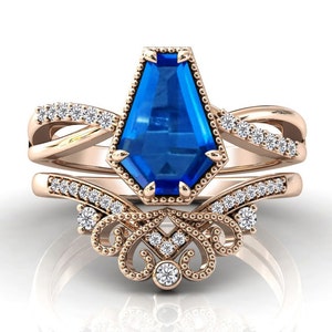 Antique Blue Sapphire Engagement Ring Set Coffin Shaped Bridal Ring Set Art Deco Filigree Design Wedding Ring Set Unique Promise Ring Set