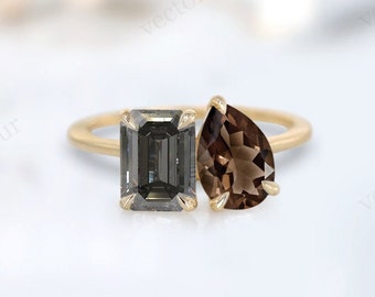 Emerald Cut Grey Spinel Cluster Ring For Women Vintage Multi Gemstone Ring Pear Cut Smoky Quartz Wedding Ring Unique Cluster Engagement Ring