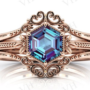 Antique Hexagon Shaped Alexandrite Engagement Ring Set 3 Pcs Art Deco Bridal Wedding Ring Set 14k Gold Unique Anniversary Ring Set For Women