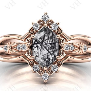Unique Black Rutile Engagement Ring Set Vintage 3 Pc Art Deco Wedding Ring Set Hexagon Shaped Bridal Ring Set Anniversary Ring Set For Women