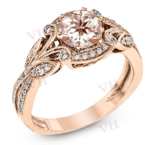 Rose Gold Morganite Engagement Ring Art Deco Peach Morganite Wedding Ring Unique Vintage Morganite Bridal Anniversary Promise Ring For Women