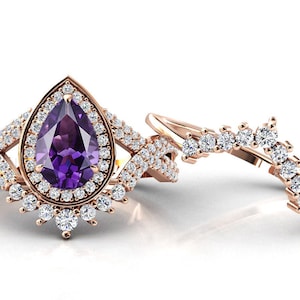 Vintage Amethyst Engagement Ring Set For Women 14k Gold Amethyst Wedding Ring Set Pear Cut Art Deco Bridal Ring Set Anniversary Ring Set