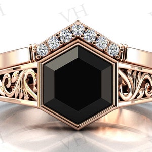 Hexagon Shaped Black Onyx Engagement Ring Set 14k Rose Gold Black Onyx Art Deco Wedding Ring Set Filigree Engagement Ring Set Gift For Women