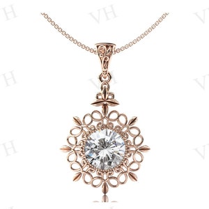 Antique Moissanite Pendant Art Deco Wedding Pendant Vintage Filigree Design Pendant 14k Gold Women Necklaces Unique White Gemstone Pendant