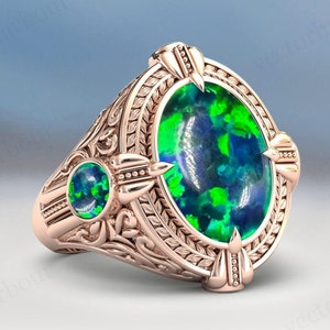 One Of A Kind - Green Opal Filigree Ring For Men Unique Green Opal Wedding Ring 925 Silver Men Handmade Ring Vintage Signet Engagement Ring