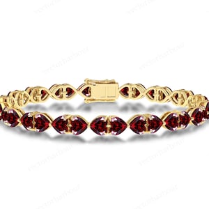 Unique Garnet Bracelet For Women Art Deco Wedding Bracelet Heart Shape Garnet Tennis Bracelet Red Gemstone Bracelet Women Statement Bracelet