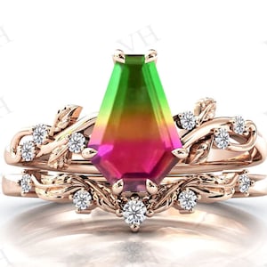 Watermelon Tourmaline Engagement Ring Set Art Deco Leaf Style Wedding Ring Set Vintage Coffin Shaped Multi Color Tourmaline Bridal Ring Set