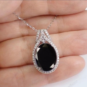 11Ct Vintage Black Onyx Pendant For Women 925 Silver Black Onyx Halo Style Pendant Art Deco Oval Shaped Black onyx Wedding Necklace For Her