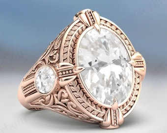 Uno de un tipo - Anillo de compromiso de topacio blanco vintage para hombres 14k oro blanco topacio hombres anillo de boda anillo de sello antiguo anillo de filigrana único