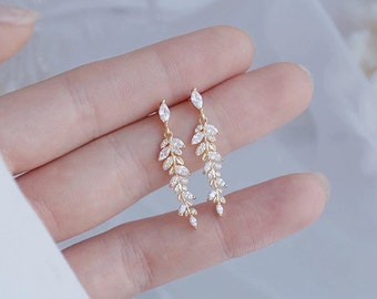 Gold Leaf Dangle Earrings: Bridal Wedding Jewelry