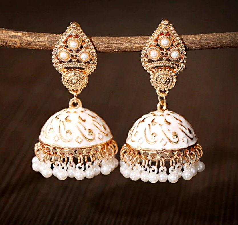 White and Gold Jhumki Indian Asian Traditional Statement Wedding Earr…