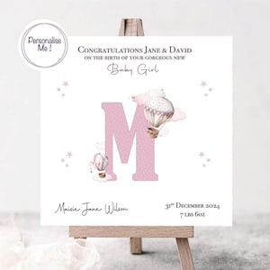 Personalisierte Baby Mädchen Karte, neue Baby Karte, Heißluftballon Karte für neue Eltern, Willkommen auf der Welt Karte, Glückwunschkarte zur Geburt
