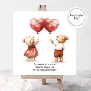 Hochzeit Jubiläumskarte Tochter und Schwiegersohn, personalisierte Jubiläumskarte, süße Bären und rote Herzen zum Jubiläum, Jubiläumskarte