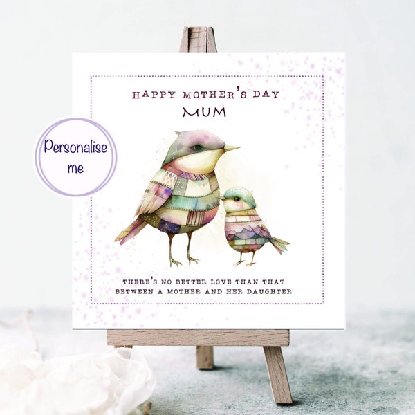 Patchwork bird mothers day card, cute bird card for mum, mum and baby love card, bird card for her, mothers day card for mum from daughter