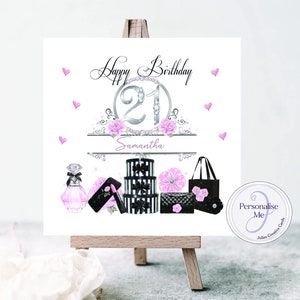 21 Geburtstag schwarz und rosa glamour personalisierte Karte, Karte für besondere Alter 16, 18, 21, 30, 40, 50, 60 Jahre mit Handtaschen Geschenke und Parfüm
