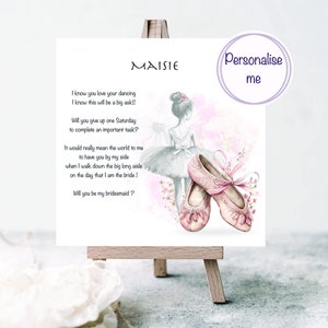 will you be my bridesmaid card for a cute little ballerina, image shows ballerina and her ballerina shoes