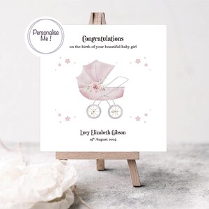 Neue Baby-Mädchen personalisierte Karte, Glückwünsche zur Geburt eines Mädchens, Baby Girl Willkommenskarte, Kinderwagen-Karte im Boho-Stil, Karte für Baby Mädchen
