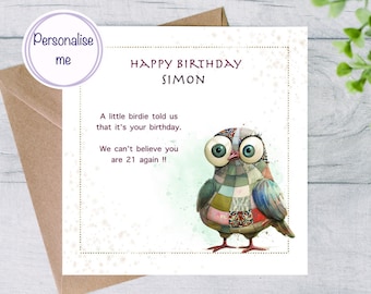 21 again personalised patchwork pigeon card, 50th card for him, funny pigeon birthday card, pigeon card, funny card for him