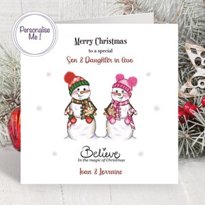 Schwiegertochter und Schwiegertochter Weihnachtskarte, Schneemänner Weihnachtskarte, Tochter und Schwiegertochter Weihnachtskarte, personalisierte Schneemann Weihnachtskarte