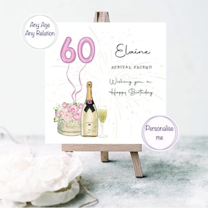 Blumen und Champagner Karte, Karte zum 60. Geburtstag für sie, Karte für sie, Geburtstagskarte 18., 21., 25., 30.... 60