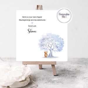 Blue good luck card for friend, next chapter personalised card, new adventures card  good luck, cute bear card for friends next chapter