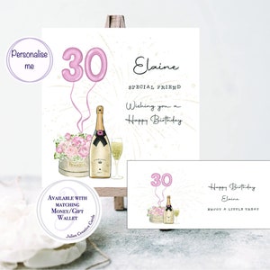 Personalisierte Karte und Brieftasche, Champagner und Blumen, Karte zum 30.Geburtstag für Sie, Geburtstagskarte 18., 21., 25., 40., 50., 60