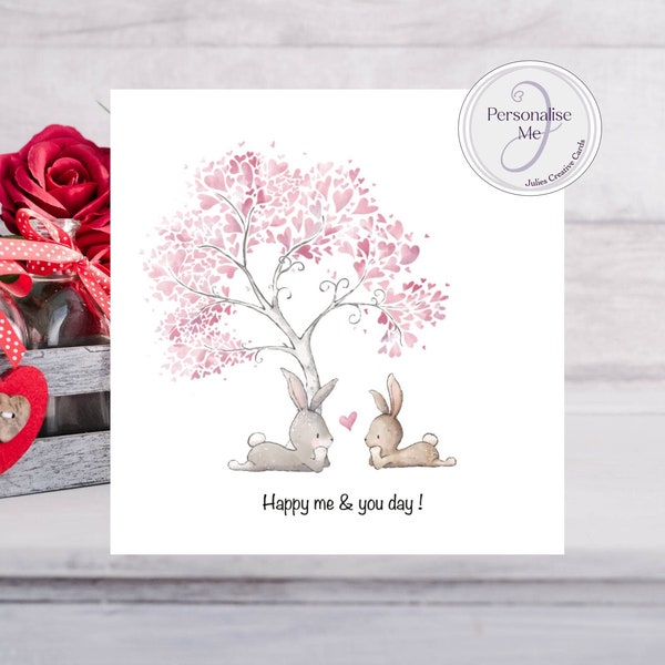 Bunny love card for our anniversary, happy me and you day, card for somebody you love, cute bunnies in love personalised card, show you care