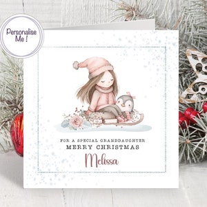 Weihnachtskarte für Enkelin, Mädchen auf Schlitten mit Pinguin, Pinguinkarte für spezielle Enkelin, Weihnachtskarte für Patentochter