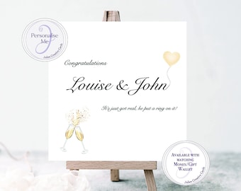 Personalised Engagement card, celebration champagne glasses, personalised names and heart balloon, all wording can be amended to suit