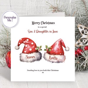 Schwiegertochter und Schwiegertochter Weihnachtskarte, Nikolausmützen personalisierte Weihnachtskarte, Schwiegertochter und Schwiegersohn Weihnachtskarte, Namen Nikolausmützen