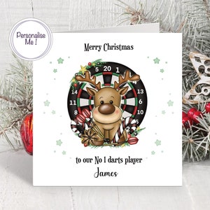 Darts Weihnachtskarte, süßes Rentier für keinen 1 Dart Fan, Weihnachtskarte für Dart Spieler, personalisierte Dart Karte, Dart Bord zu Weihnachten