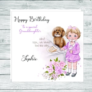 Personalisierte Geburtstagskarte niedliches kleines Mädchen mit ihrem Welpen Hund, der Kuchen, Karte für Tochter, Enkelin, Patenkind kneift