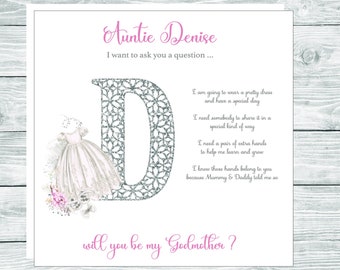 Stunning personalised Godmother invitation, will you be my godmother card, Christening invitation card for baby girl, all initials available