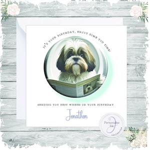Carte d'anniversaire personnalisée shih tzu, carte d'anniversaire chien se détendre sur les toilettes, carte shih tzu chien lisant le journal, carte drôle pour lui