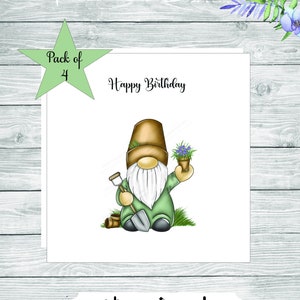 Luxury Birthday Cards in a pack of 4, Happy Birthday Garden Gnome Card