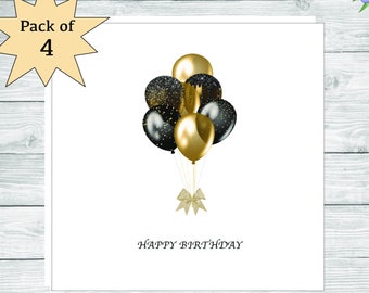 Black and Gold Balloon Birthday Card - Luxury Pack of 4