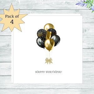 Ballon Geburtstagskarte Luxus 4er Pack, Happy Birthday Karte mit schwarz und goldenen Luftballons