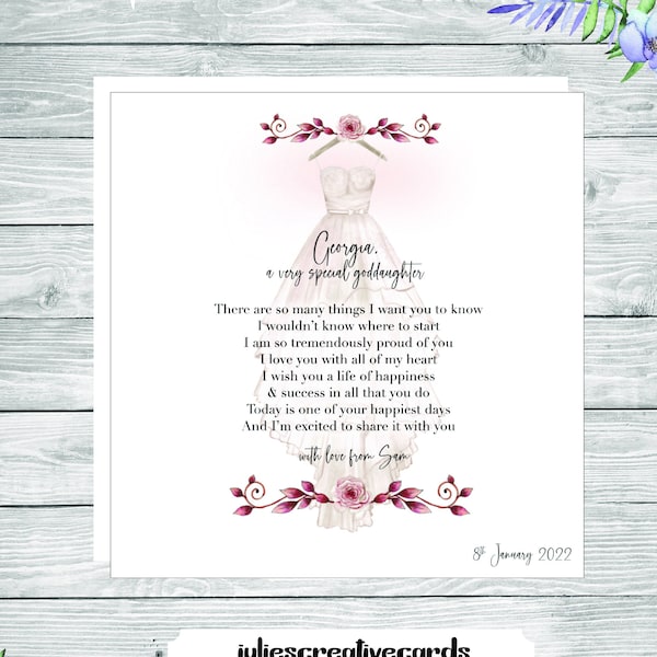 Stunning wedding day card for a special goddaughter, personalised to suit