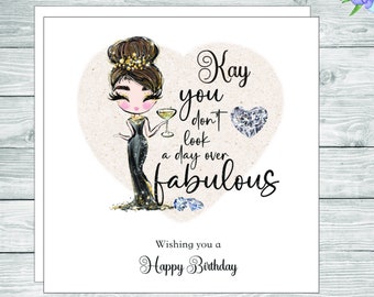 Personalised birthday card for a glamour lady, queen, brown hair, can be personalised for all ages 18, 21, 30, 40, 50, 60, 70, 80, 90 etc
