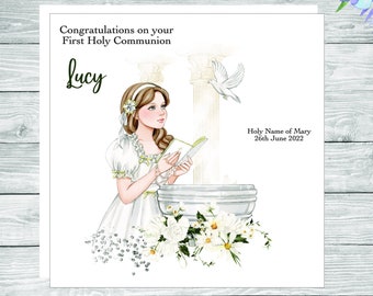 Personalised stunning First Holy Communion Card, printed to requirements, cute image of girl making first communion, relation can be added