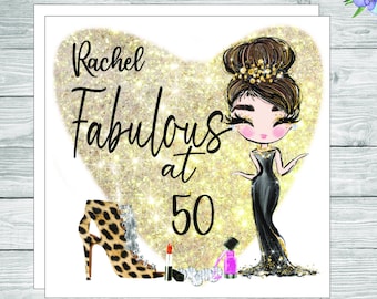 Personalised birthday card for a glamour lady, queen, 50th, card personalised for all ages including 18, 21, 30, 40, 50, 60, 70, 80, 90 etc