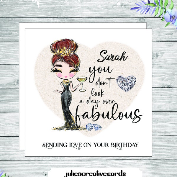 Personalised birthday card for a glamour lady, queen, red hair, can be personalised for all ages 18, 21, 30, 40, 50, 60, 70, 80, 90 etc