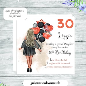 Spezielles Alter personalisierte Karte für eine Beziehung, einen Freund oder einen allgemeinen Geburtstag, Mädchen mit Luftballons, Variationen verfügbar, 18 21 25 30 40 50 usw
