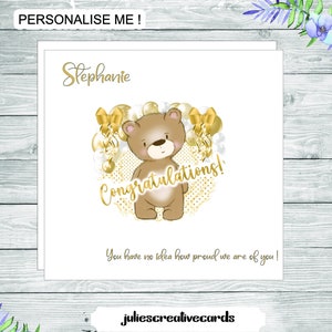 Personalisierte Glückwunschkarte, Bär mit Feierluftballons, Glückwunschkarte, personalisiert mit einem beliebigen Wortlaut und Namen