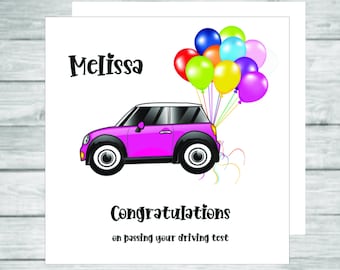 Driving Test Congratulations Card: Car and Balloons, Personalised
