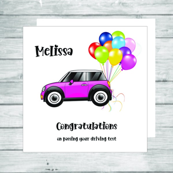 Congratulations on passing your driving test card with car and balloons, personalised to suit, driving test pass card