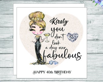 Personalised birthday card for a glamour lady, queen, can be personalised for all ages including 18, 21, 30, 40, 50, 60, 70, 80, 90 etc