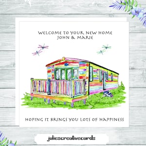 Personalisierte neue Zuhause Karte für ein Wohnwagen-Zuhause mit wunderschönem Regenbogen-Effekt, digitale Version eines exklusiven handgemalten Bildes, Wohnwagenleben