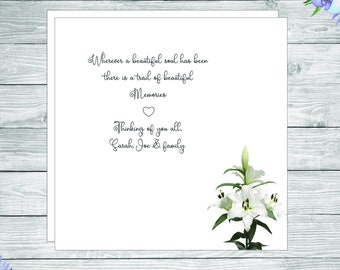 Personalised sympathy card, thinking of you card, memories verse on the front, personalised with family's names, image of lilies